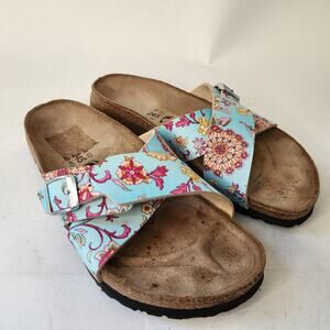 Birkenstock Birki's Slide Sandals EU 38 US 7 Blue Floral Criss Cross Shoes